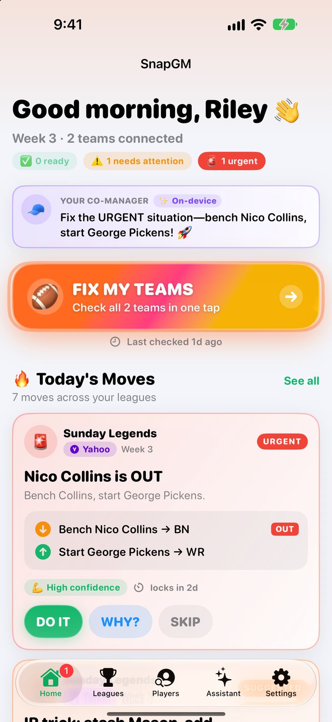 Home screen with the Fix My Teams button and today's moves
